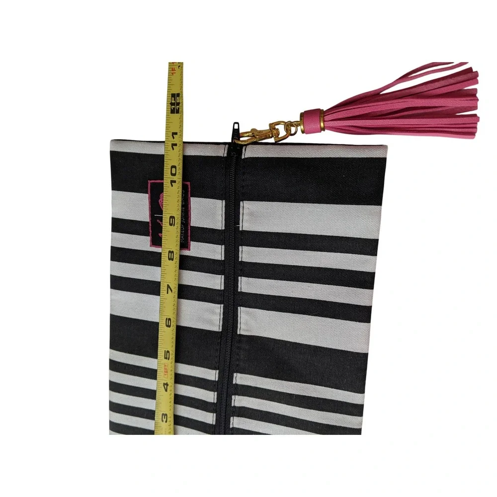 Makeup Junkie Bag Black White Stripe Pink Tassel Cosmetic Pouch Medium Clutch